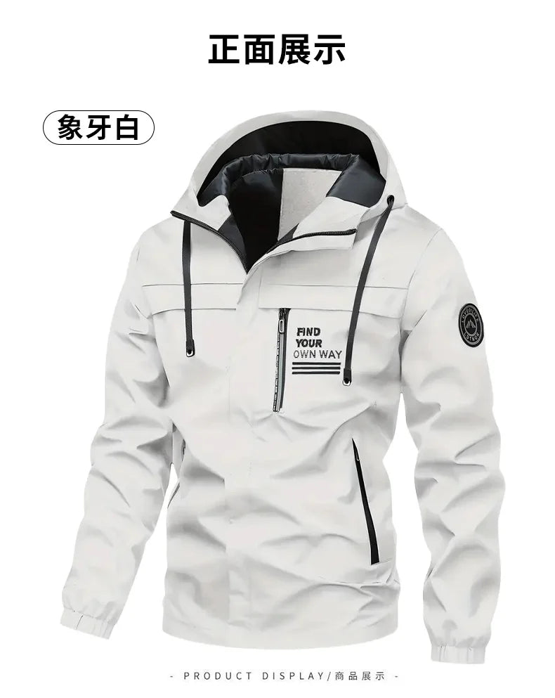 Beach Camp Outdoor Men's Jacket Windbreaker Coats Brand Printed Detachable Cap Zipper Pocket Camping Clothing