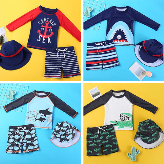 Beach Camp 2025 Summer Split Swimsuit Set Baby Boys Girls Long Sleeves/Short Sleeves Bathing Suit+Swim Shorts+Swimming Cap Three-piece Set