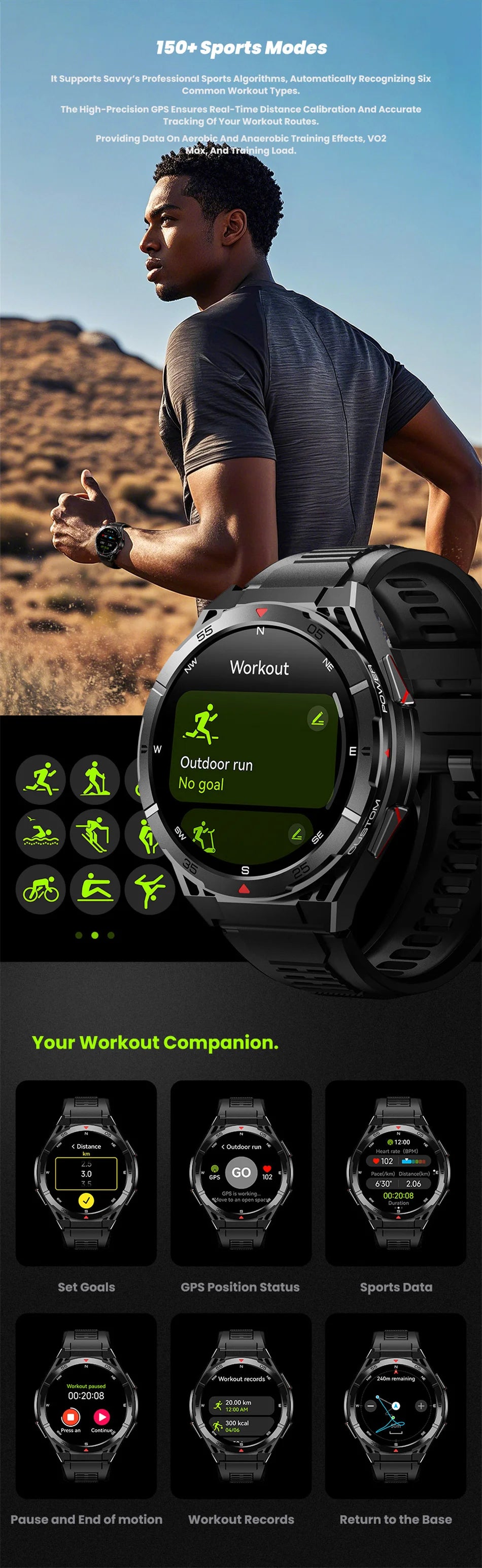 Beach Camp Swim Smartwatch Outdoor GPS Watch Sports Fitness Tracker Health Military Waterproof Watch BT5.3 Call Smart Watch for Android iOS