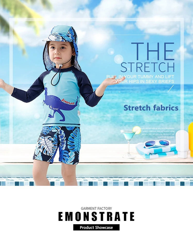Beach Camp 3PCS Boys Split Swimsuit Sunscreen Prevention UPF 50+ Quick Dry Dinosaur Print Trunk Long Sleeve Rashguard Swimwear Sun Hat Set