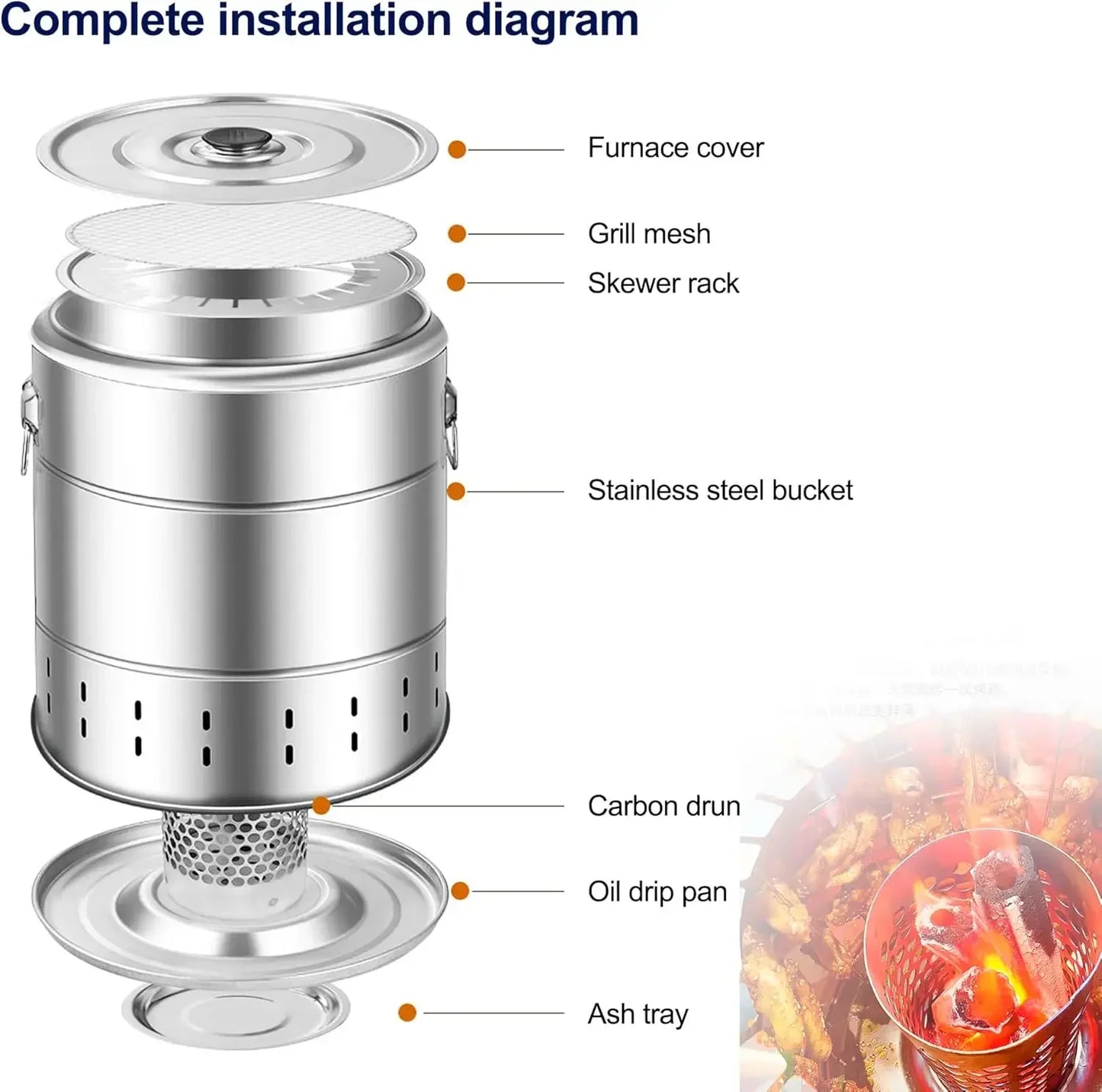 Outdoor Portable Charcoal Grill Stainless Steel Smokeless BBQ Hanging Stove Grill Outdoor Camping Cookware for Hiking Picnic