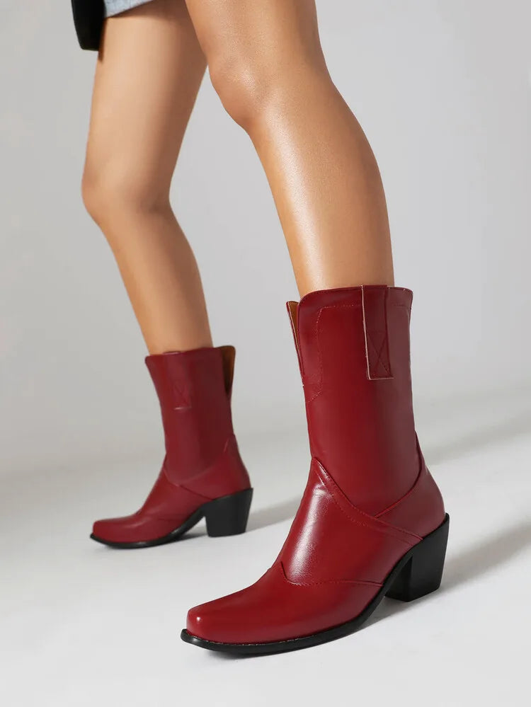 Botas De Mujer Western Cowboy Boots Retro Black Mid Calf Boots for Women Thick High Heels Goth Shoes  Big Size 34-48 777-11