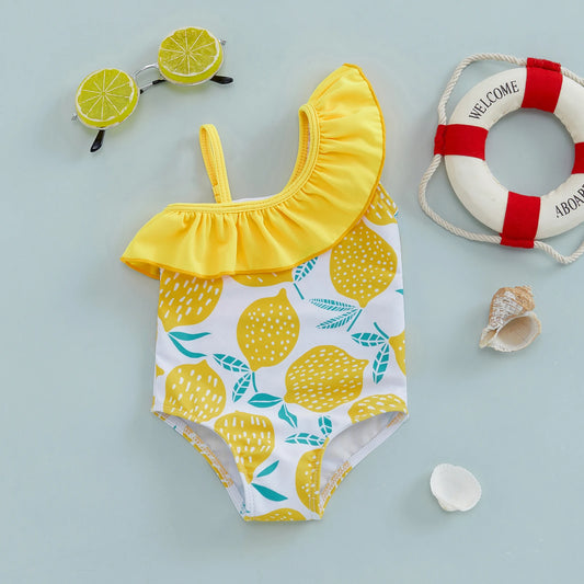 Beach Camp Children Girl Summer Swimsuit Beach Wear Ruffle Sleeveless One Shoulder Lemon Print Baby Bathing Suit Infant Swimwear
