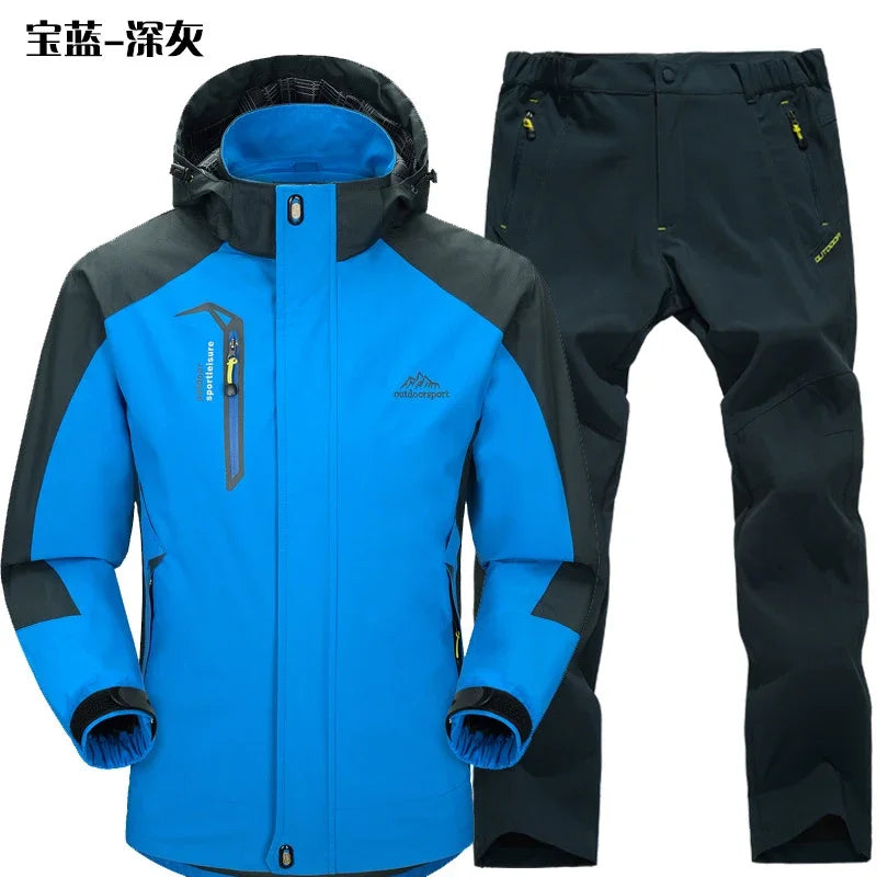 Beach Camp Outdoor Jacket Pants Sets Men Fleece Thermal Waterproof Windproof Hooded Jackets Hiking Military Trip Mountain Camping Clothes