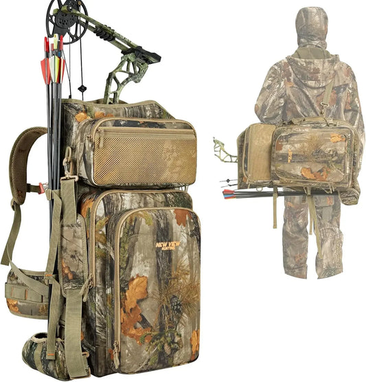 Beach Camp Bow Hunting Backpack for Men, Camo Compound Bag & Tree Saddle Back Pack with Bow Holder, for Elk Turkey Bear Deer