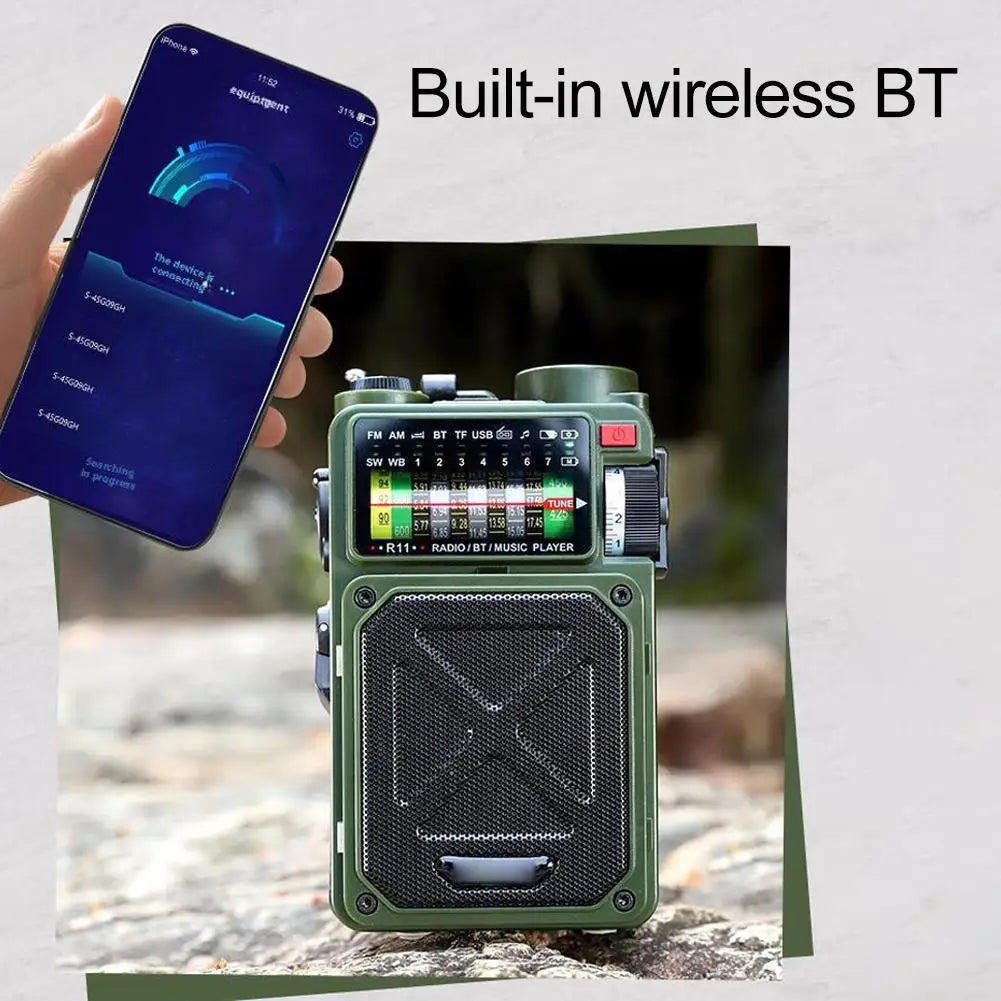Beach Camp Hand Crank Solar Emergency Radio - Multi Band, Bluetooth, Outdoor Camping, Earthquake Preparedness