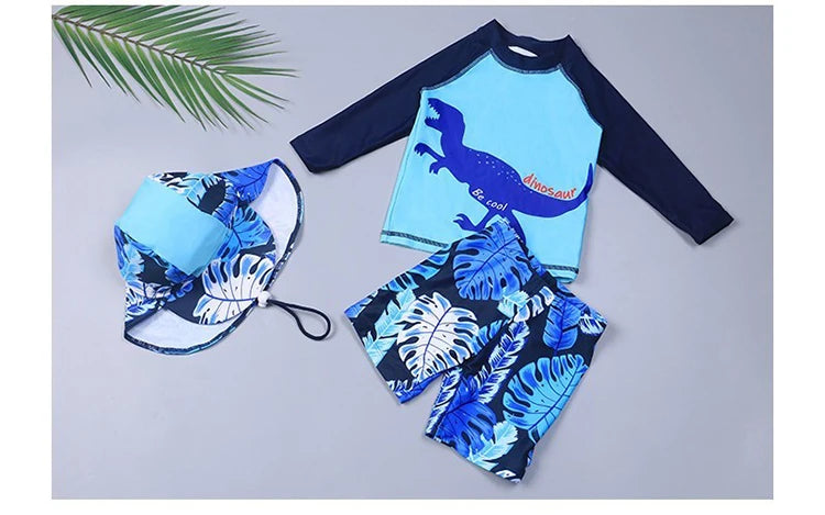 Beach Camp 3PCS Boys Split Swimsuit Sunscreen Prevention UPF 50+ Quick Dry Dinosaur Print Trunk Long Sleeve Rashguard Swimwear Sun Hat Set