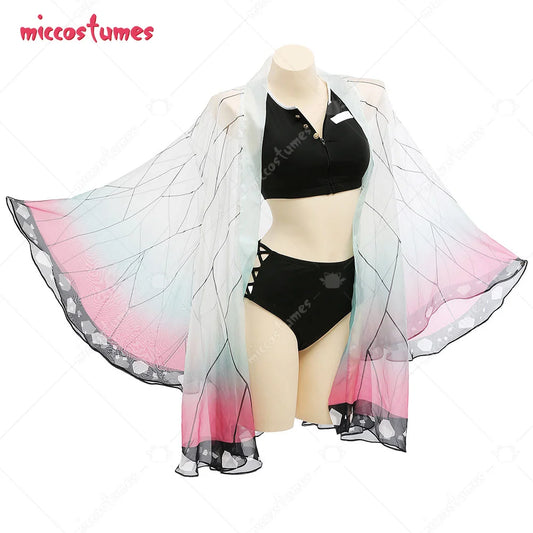 Beach Camp Women Bathing Suit Two Piece Bathing Suit Swimwear with Strapped Butterfly-Printed Kimono Haori Cover Up