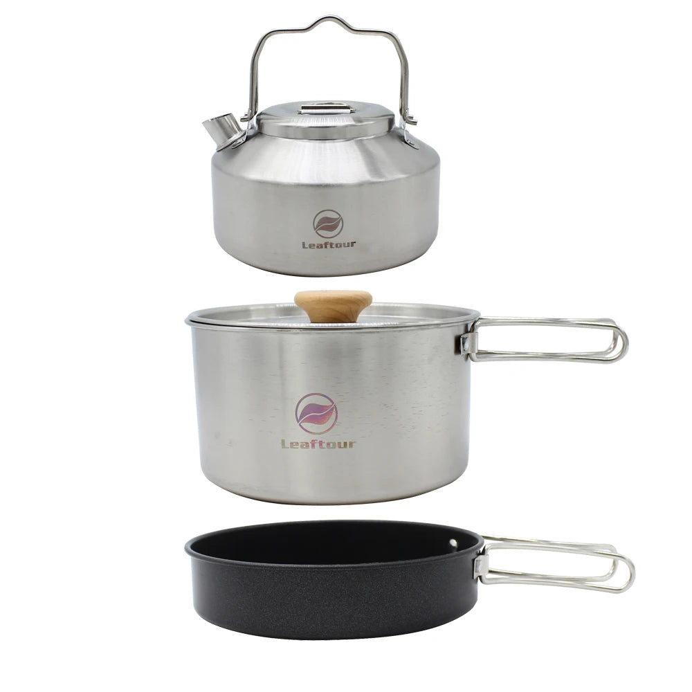 Leaftour Stainless Steel Camping Cookware Set Kettle Pot Pan - Outdoor Cooking Essentials for 2-3 People