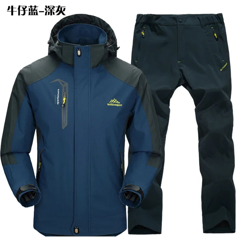 Beach Camp Outdoor Jacket Pants Sets Men Fleece Thermal Waterproof Windproof Hooded Jackets Hiking Military Trip Mountain Camping Clothes