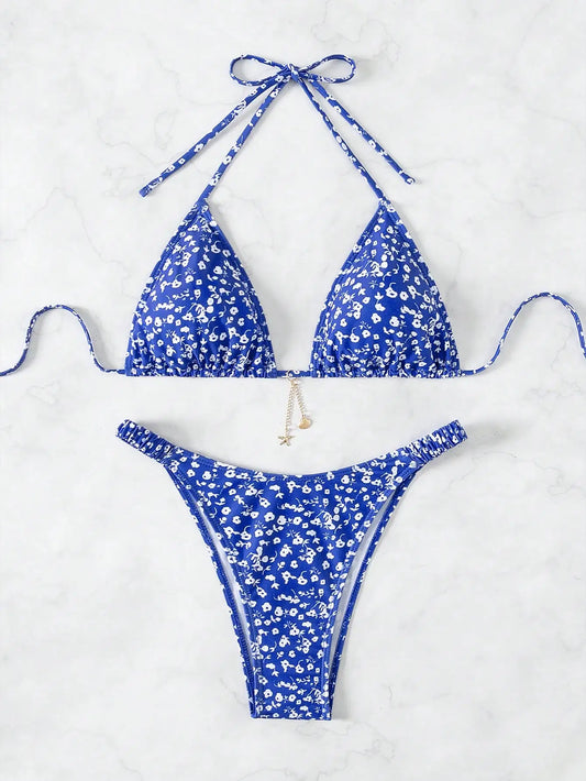 Beach Camp Halter neck floral pattern triangle cup split bikini summer cool swimwear comfortable