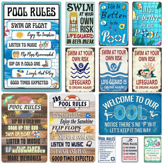 Beach camp Pool Rules Sign for Outdoor, Backyard Metal Swimming Pool Sign, No Diving No Running No Peeing No Lifeguard on Duty Sign