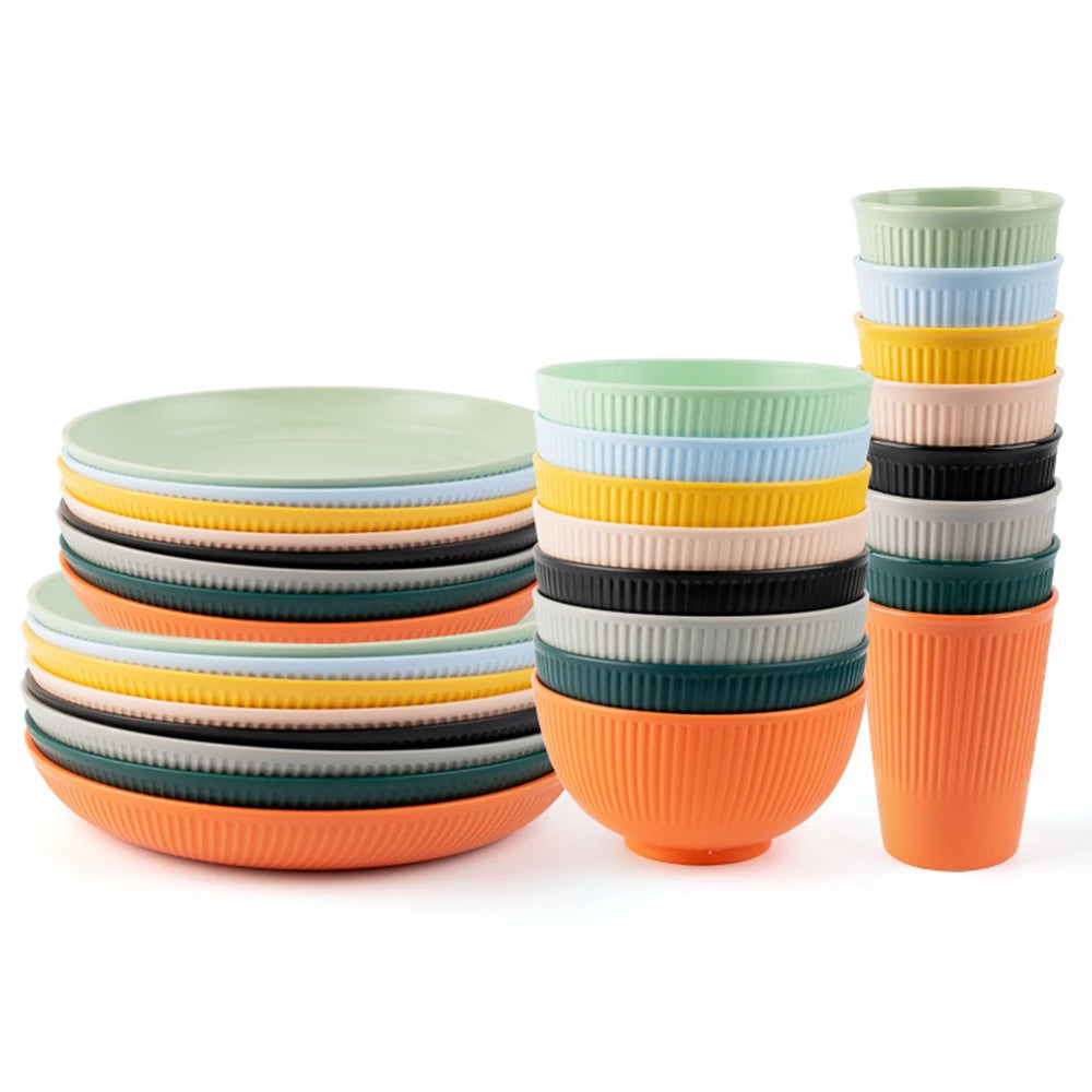24Pcs Plastic Dining Plate Bowl Cup Tableware Set for 6 People Dinner Dessert Plate Set Outdoor Camping Party