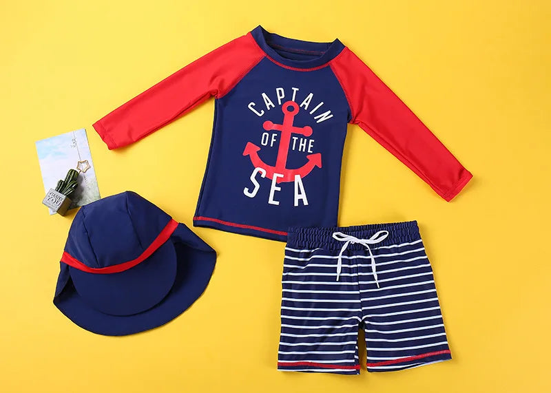 Beach Camp 2025 Summer Split Swimsuit Set Baby Boys Girls Long Sleeves/Short Sleeves Bathing Suit+Swim Shorts+Swimming Cap Three-piece Set