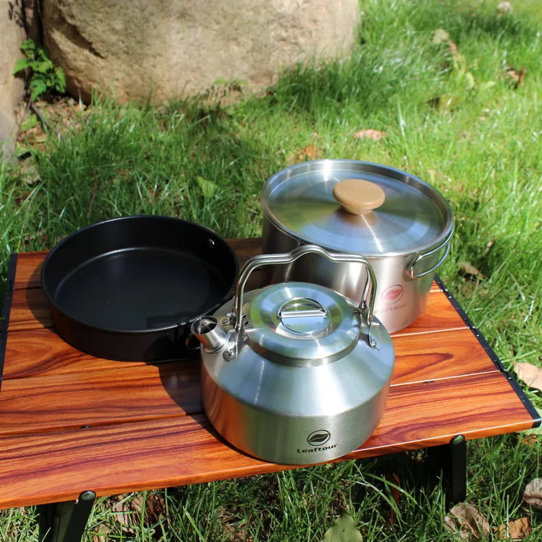 Beach Camp Stainless Steel Camping Cookware Set Kettle Pot Pan - Outdoor Cooking Essentials for 2-3 People