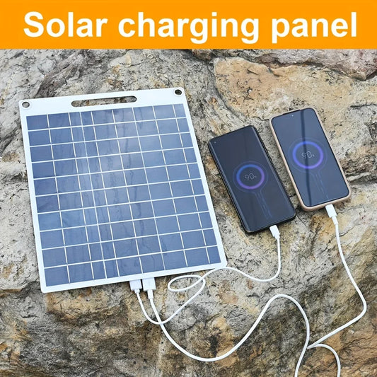 Beach Camp Portable solar power bank with two USB ports, suitable for outdoor camping, charging mobile phones or other electronic devices.