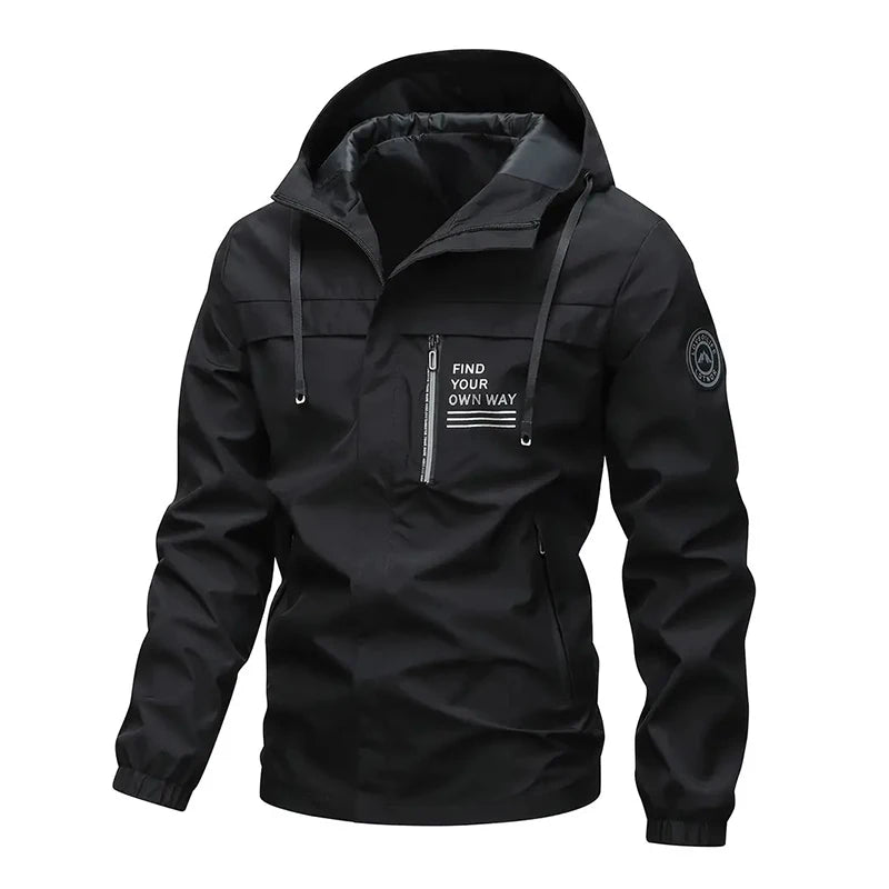 Beach Camp Outdoor Men's Jacket Windbreaker Coats Brand Printed Detachable Cap Zipper Pocket Camping Clothing