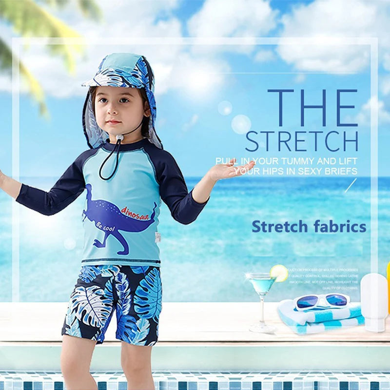 Beach Camp 3PCS Boys Split Swimsuit Sunscreen Prevention UPF 50+ Quick Dry Dinosaur Print Trunk Long Sleeve Rashguard Swimwear Sun Hat Set