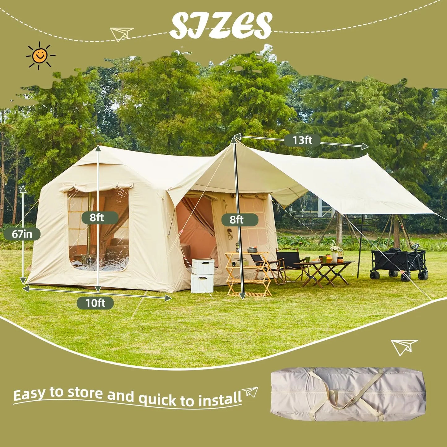 Beach Camp 129SqFt Large Inflatable Tent for Camping, blow up Tents with Canopy, Inflatable House Tent with Stove Jack,4 Season Glamping Tent