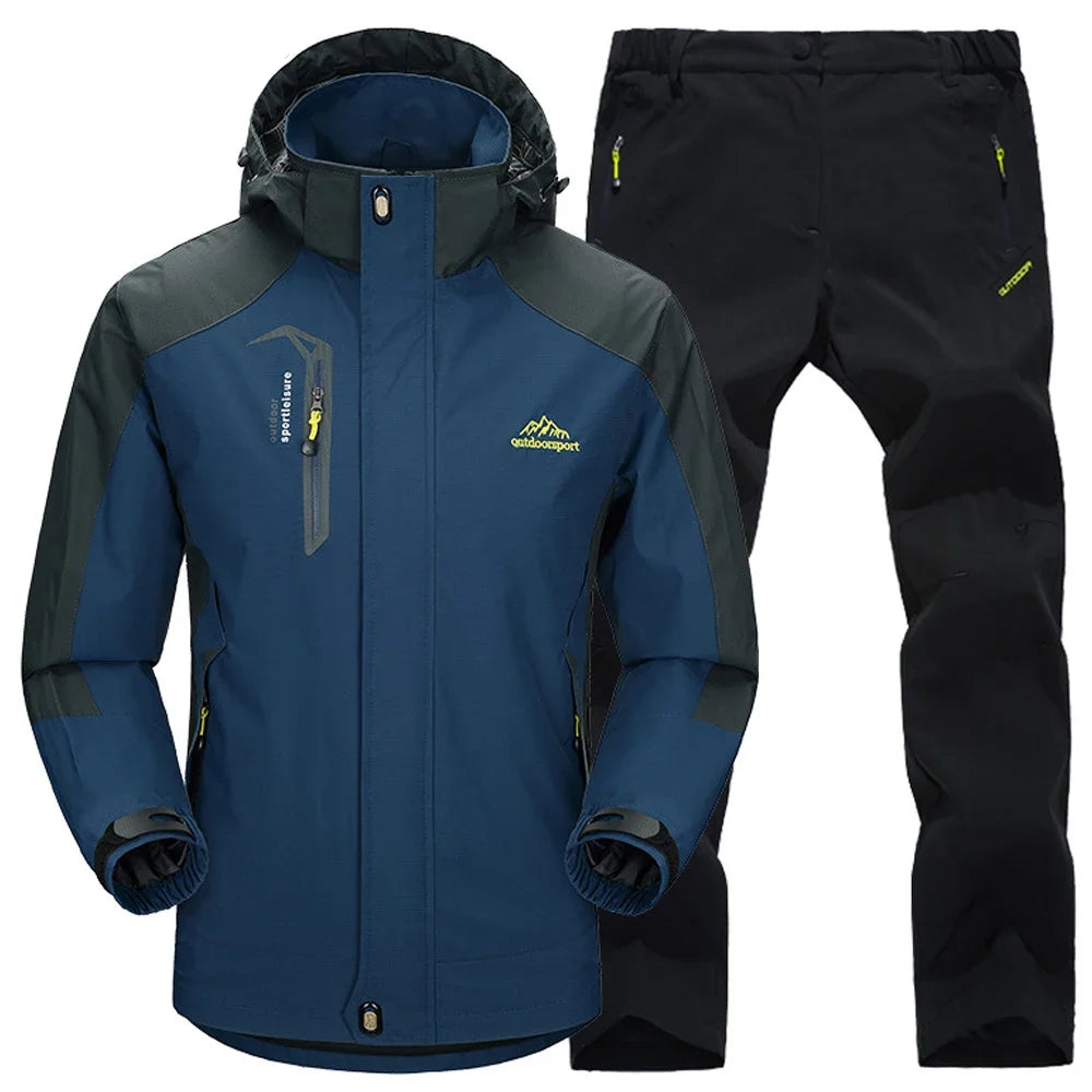 Beach Camp Outdoor Jacket Pants Sets Men Fleece Thermal Waterproof Windproof Hooded Jackets Hiking Military Trip Mountain Camping Clothes