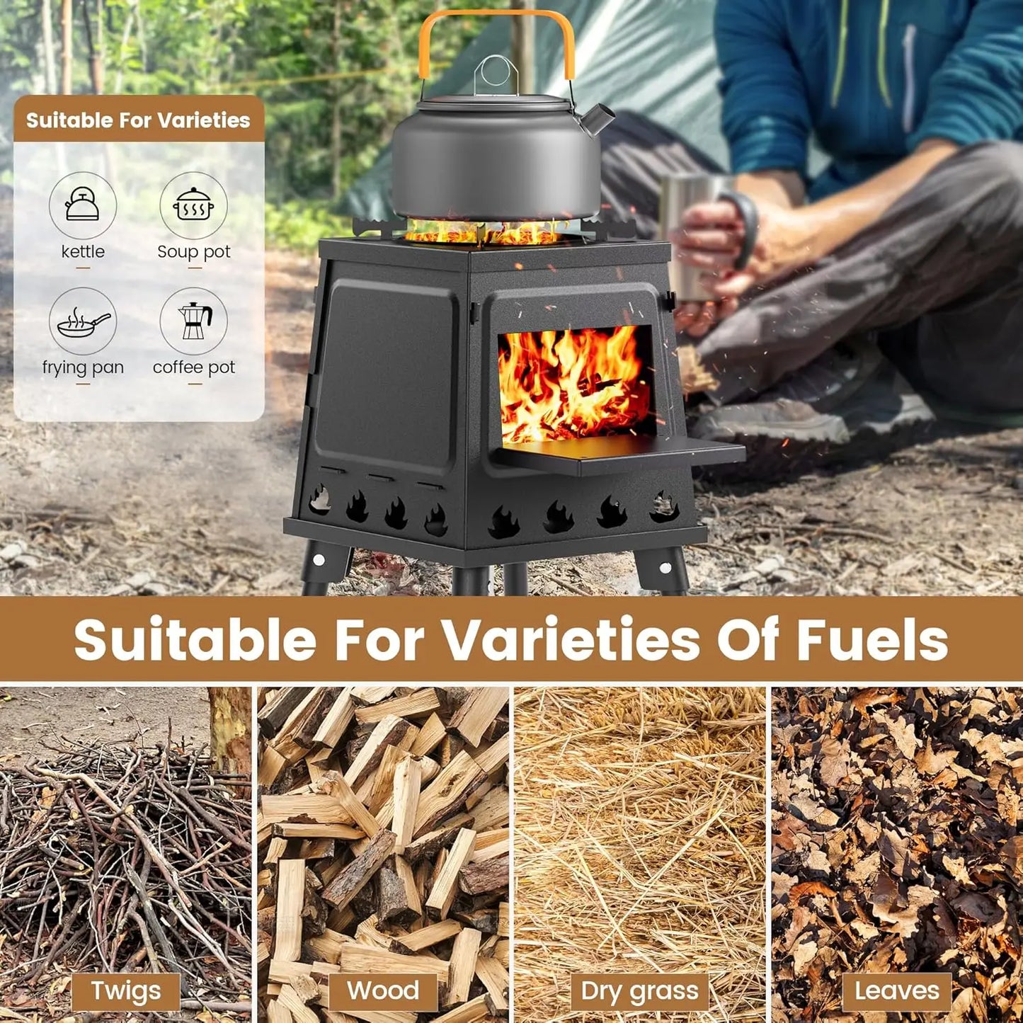 Beach Camp Stove Camping Wood Stove, Portable Wood Burning Stove, Backpacking Folding Camp Tent Heat Mini Outdoor Stove with Carrying Bag, for Co