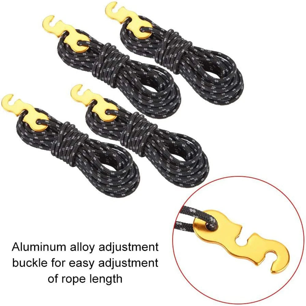 4Pcs Outdoor Guy Lines Tent Cords Reflective Camping Rope with Aluminum Guylines Adjuster Tensioner Pouch for Tent Tarp Canopy