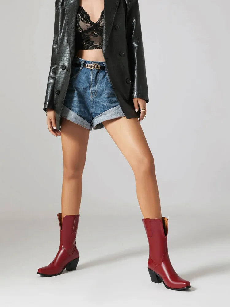 Botas De Mujer Western Cowboy Boots Retro Black Mid Calf Boots for Women Thick High Heels Goth Shoes  Big Size 34-48 777-11