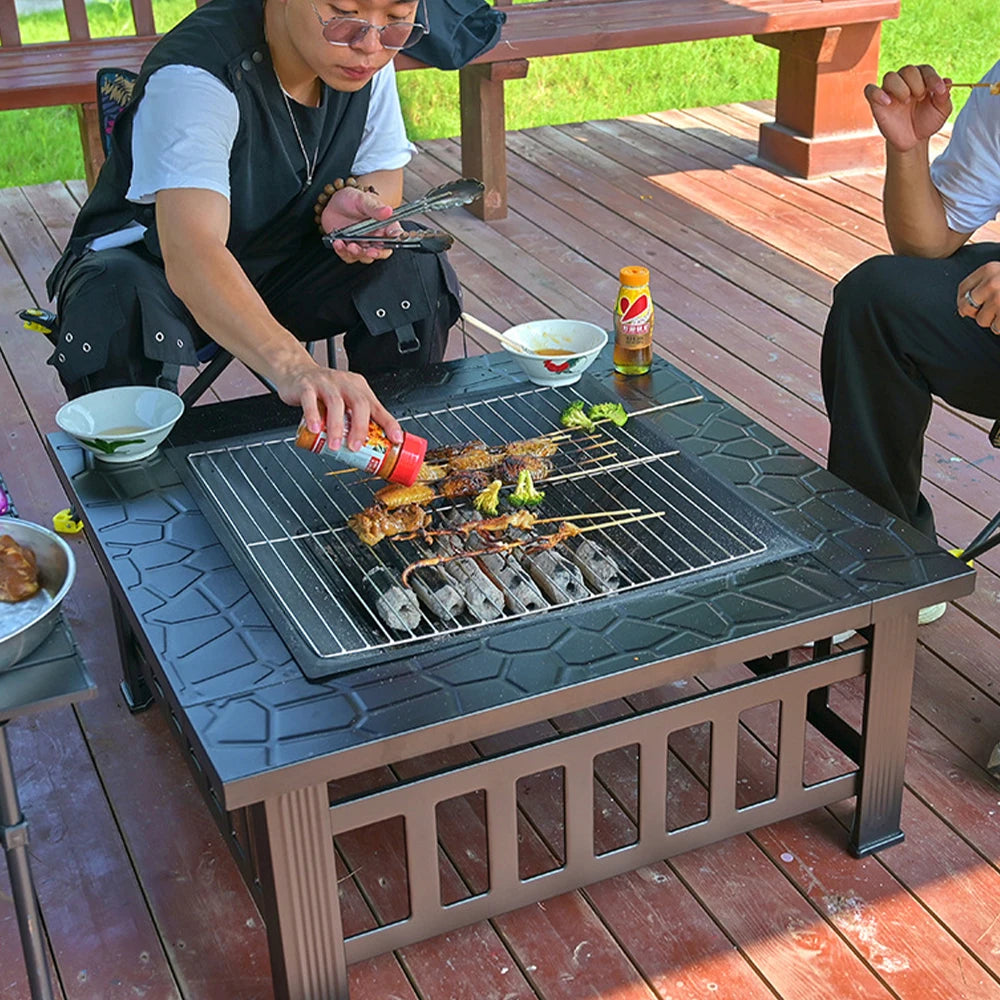 Beach Camp Outdoor Barbecue Grill, Charcoal BBQ Tool, Fire Pit, Square, Courtyard, Camping Table, Family Gathering, 3 in 1