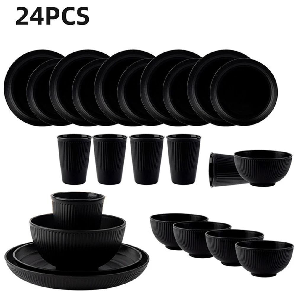 24Pcs Plastic Dining Plate Bowl Cup Tableware Set for 6 People Dinner Dessert Plate Set Outdoor Camping Party