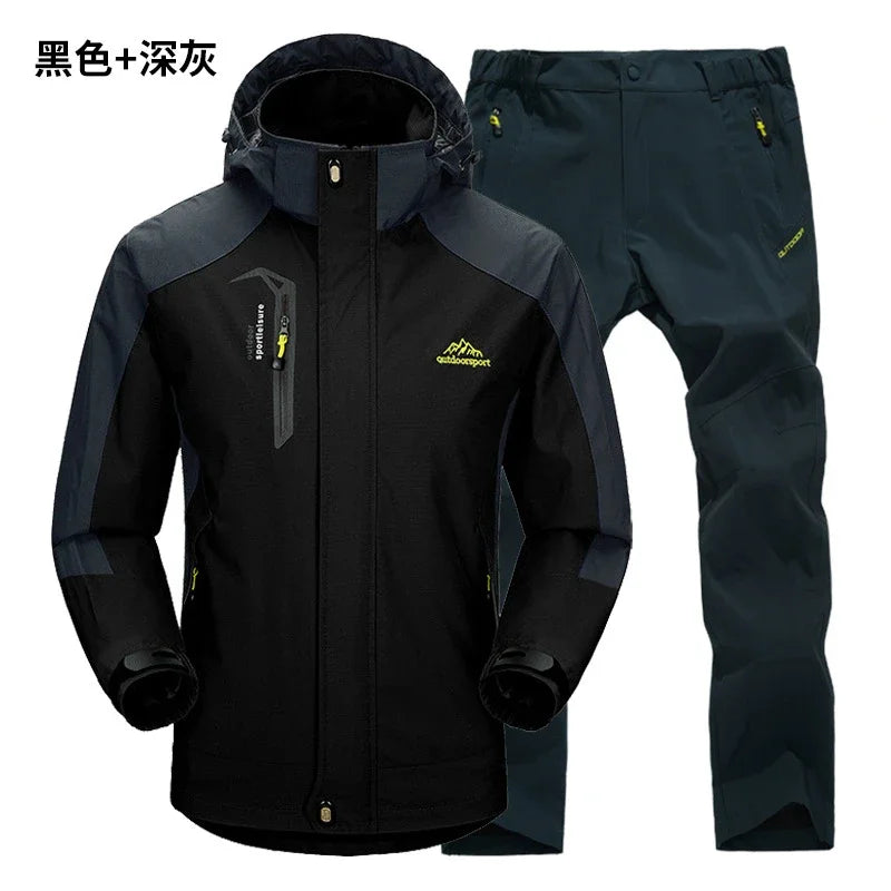 Beach Camp Outdoor Jacket Pants Sets Men Fleece Thermal Waterproof Windproof Hooded Jackets Hiking Military Trip Mountain Camping Clothes