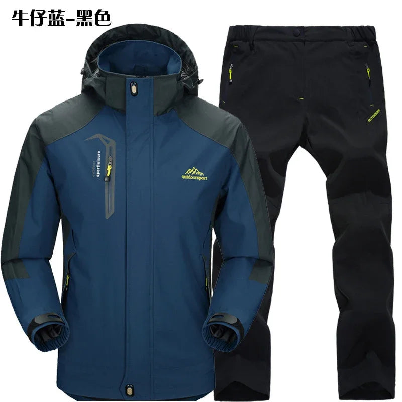 Beach Camp Outdoor Jacket Pants Sets Men Fleece Thermal Waterproof Windproof Hooded Jackets Hiking Military Trip Mountain Camping Clothes