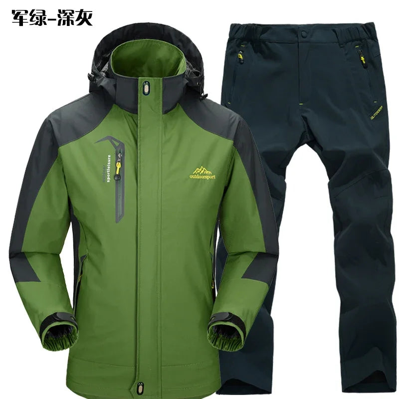 Beach Camp Outdoor Jacket Pants Sets Men Fleece Thermal Waterproof Windproof Hooded Jackets Hiking Military Trip Mountain Camping Clothes
