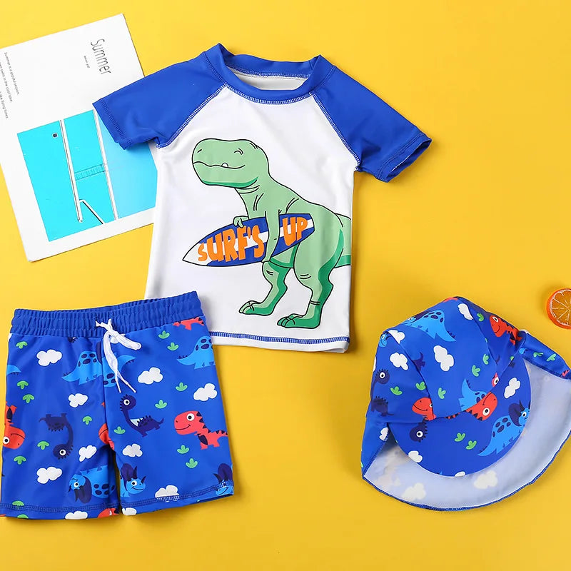 Beach Camp 2025 Summer Split Swimsuit Set Baby Boys Girls Long Sleeves/Short Sleeves Bathing Suit+Swim Shorts+Swimming Cap Three-piece Set