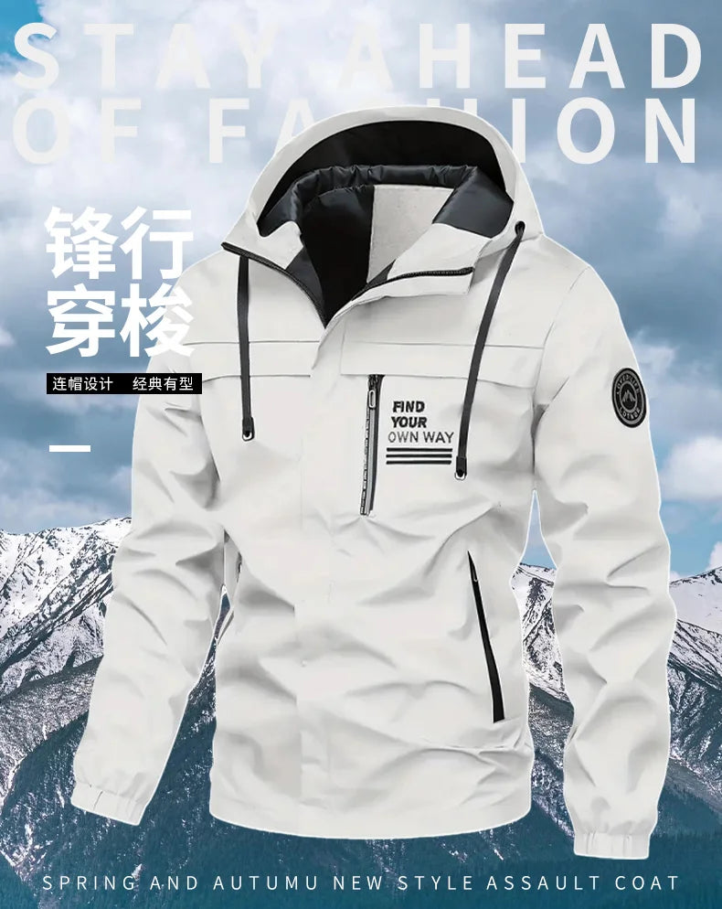 Beach Camp Outdoor Men's Jacket Windbreaker Coats Brand Printed Detachable Cap Zipper Pocket Camping Clothing