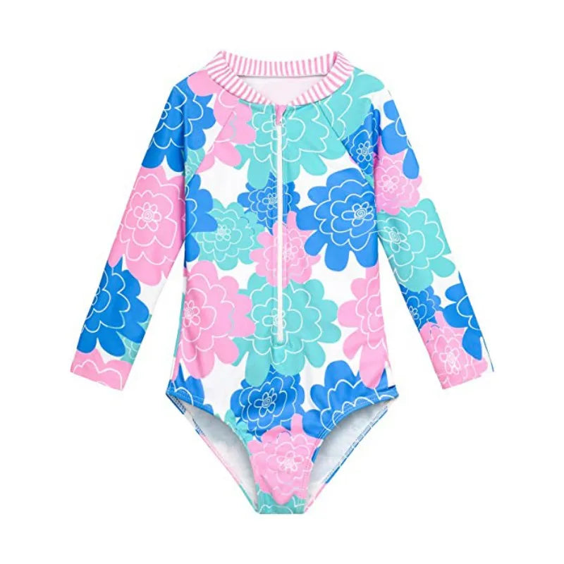 Beach Camp New Children Swimsuits Girls Fashion Designed Long Sleeve One-Piece Swimwear Toddler Kids Sun Protection Bathing Suits Beachwear