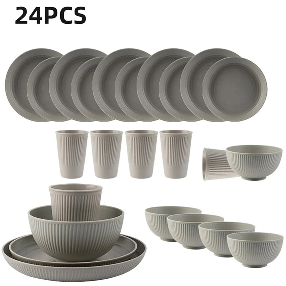 24Pcs Plastic Dining Plate Bowl Cup Tableware Set for 6 People Dinner Dessert Plate Set Outdoor Camping Party