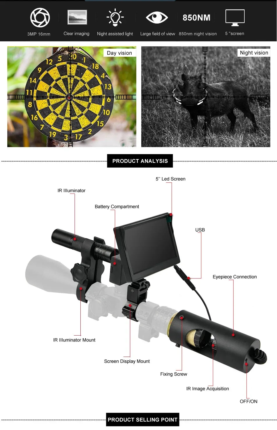 Beach Camp Night Vision Riflescope Hunting Scopes Optical Sight 850nm Infrared LED IR Waterproof Night Vision Hunting Camera