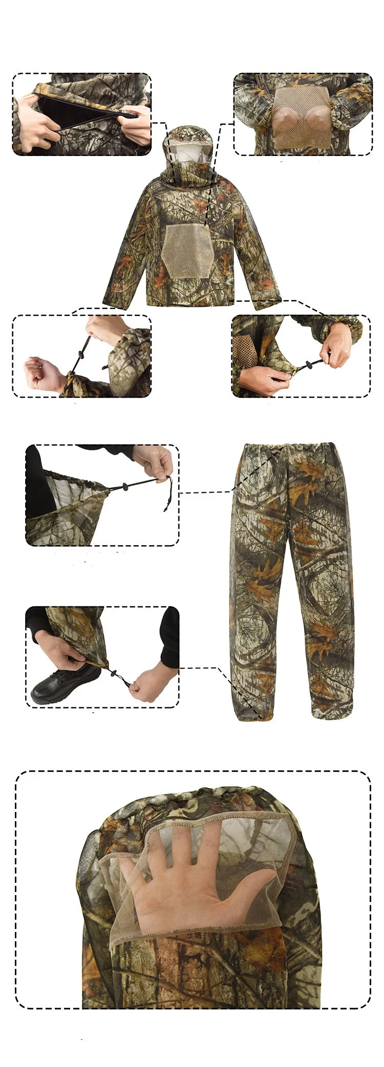 Beach Camp Outdoor Hunting Fishing Clothing Camouflage Hooded Ghillie Suit Jungle Camping Hiking Gardening Work Wear Mosquito Proof Clothes