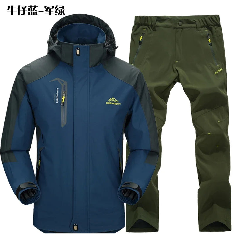 Beach Camp Outdoor Jacket Pants Sets Men Fleece Thermal Waterproof Windproof Hooded Jackets Hiking Military Trip Mountain Camping Clothes