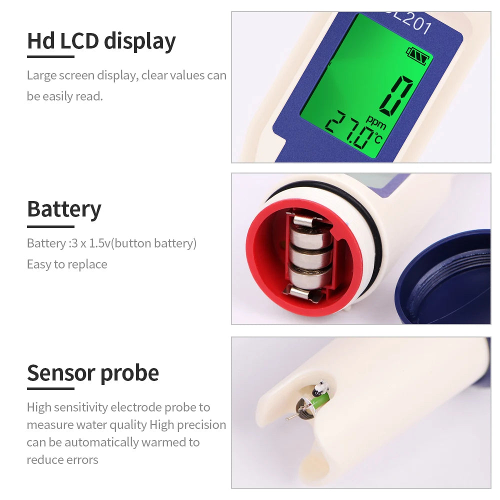Beach Camp 5 in 1 Chlorine Meter PH/CL2/H2/ORP/Temperature Meter Water Quality Tester for Pools Drinking Water Aquarium Aquaculture