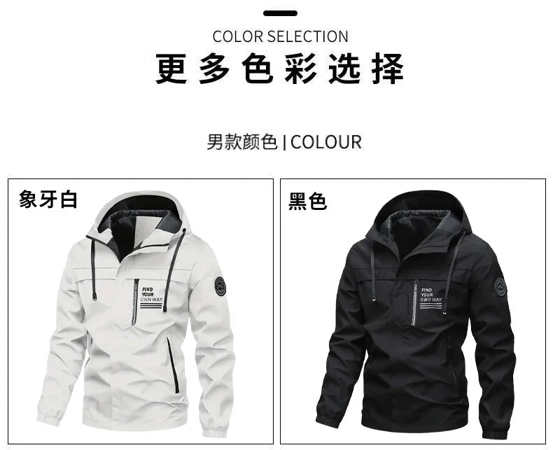 Beach Camp Outdoor Men's Jacket Windbreaker Coats Brand Printed Detachable Cap Zipper Pocket Camping Clothing