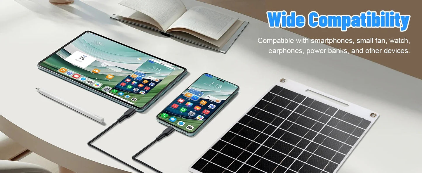Beach Camp Portable solar power bank with two USB ports, suitable for outdoor camping, charging mobile phones or other electronic devices.