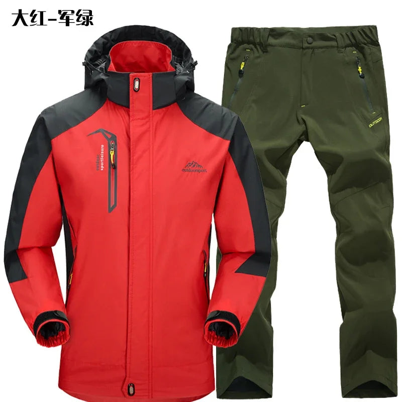Beach Camp Outdoor Jacket Pants Sets Men Fleece Thermal Waterproof Windproof Hooded Jackets Hiking Military Trip Mountain Camping Clothes