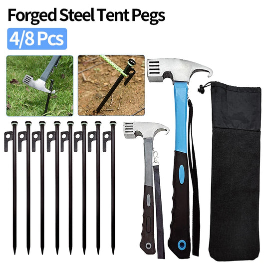 4/8Pcs Tent Pegs Forged Steel Tent Pegs Heavy Duty Unbreakable Tent Pegs with Storage Bag & Hammer for Camping Picnic