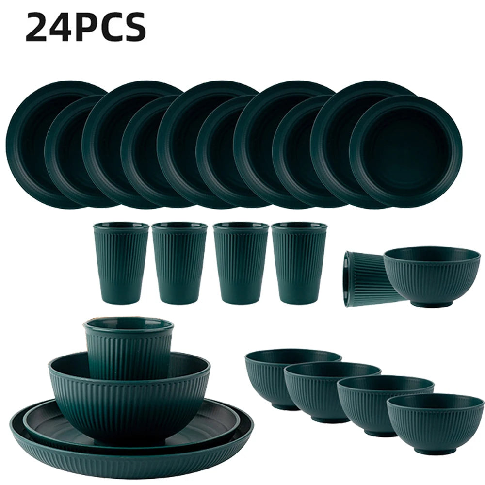 24Pcs Plastic Dining Plate Bowl Cup Tableware Set for 6 People Dinner Dessert Plate Set Outdoor Camping Party