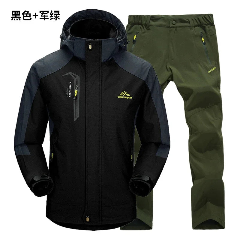 Beach Camp Outdoor Jacket Pants Sets Men Fleece Thermal Waterproof Windproof Hooded Jackets Hiking Military Trip Mountain Camping Clothes
