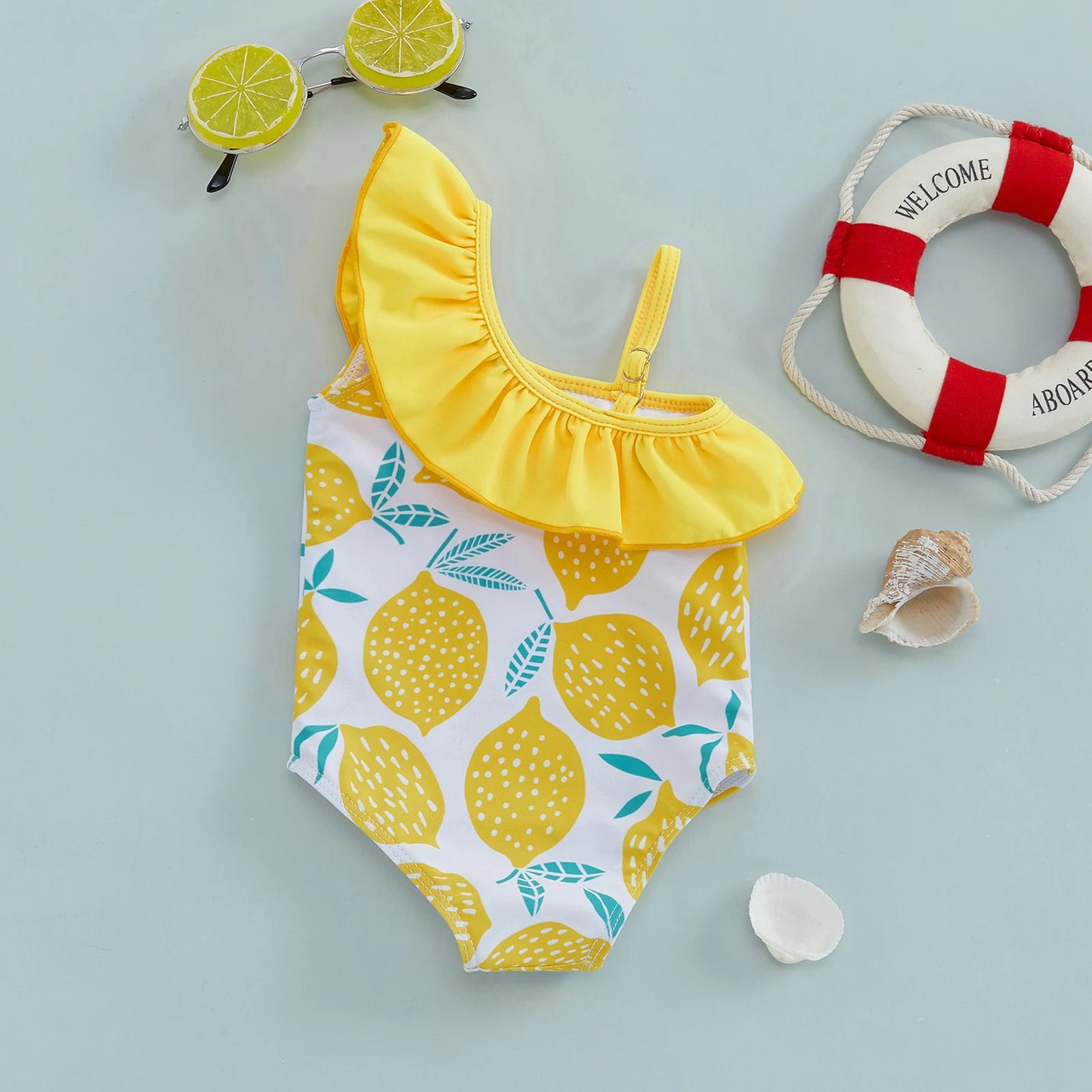 Beach Camp Children Girl Summer Swimsuit Beach Wear Ruffle Sleeveless One Shoulder Lemon Print Baby Bathing Suit Infant Swimwear