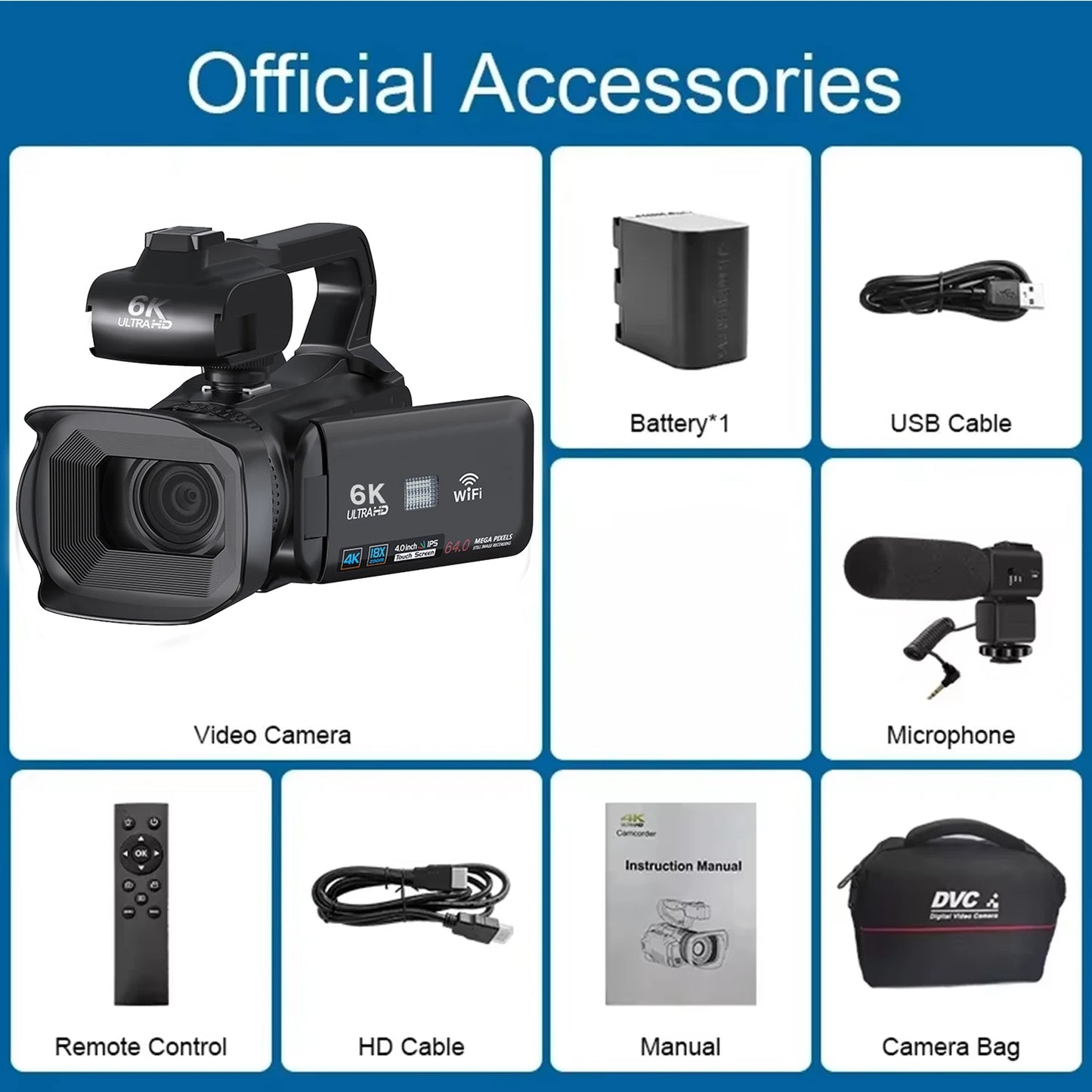 Beach Camp 6K 60FPS Professional Camcorder for Photography 64MP WiFi Livestream Webcam Video Cameras 18X Digital Zoom YouTube Vlog Recorder