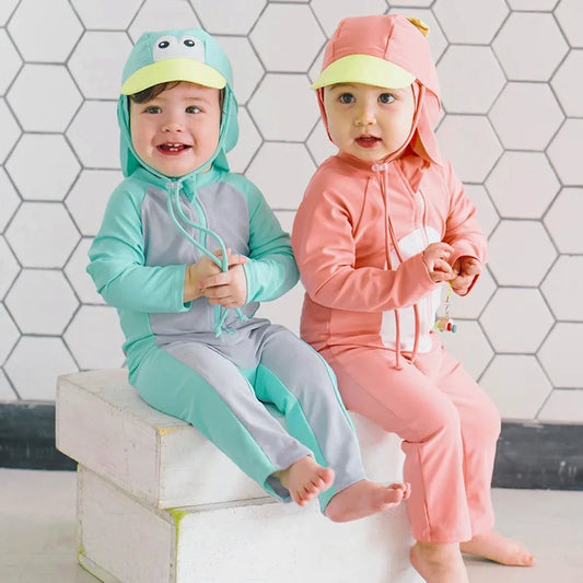 Beach Camp Baby Swimwear One-piece Bathing Suit Boys Girls Swimsuit Long Sleeves and Pants Sun Protection Surf Suit with Sun Hat