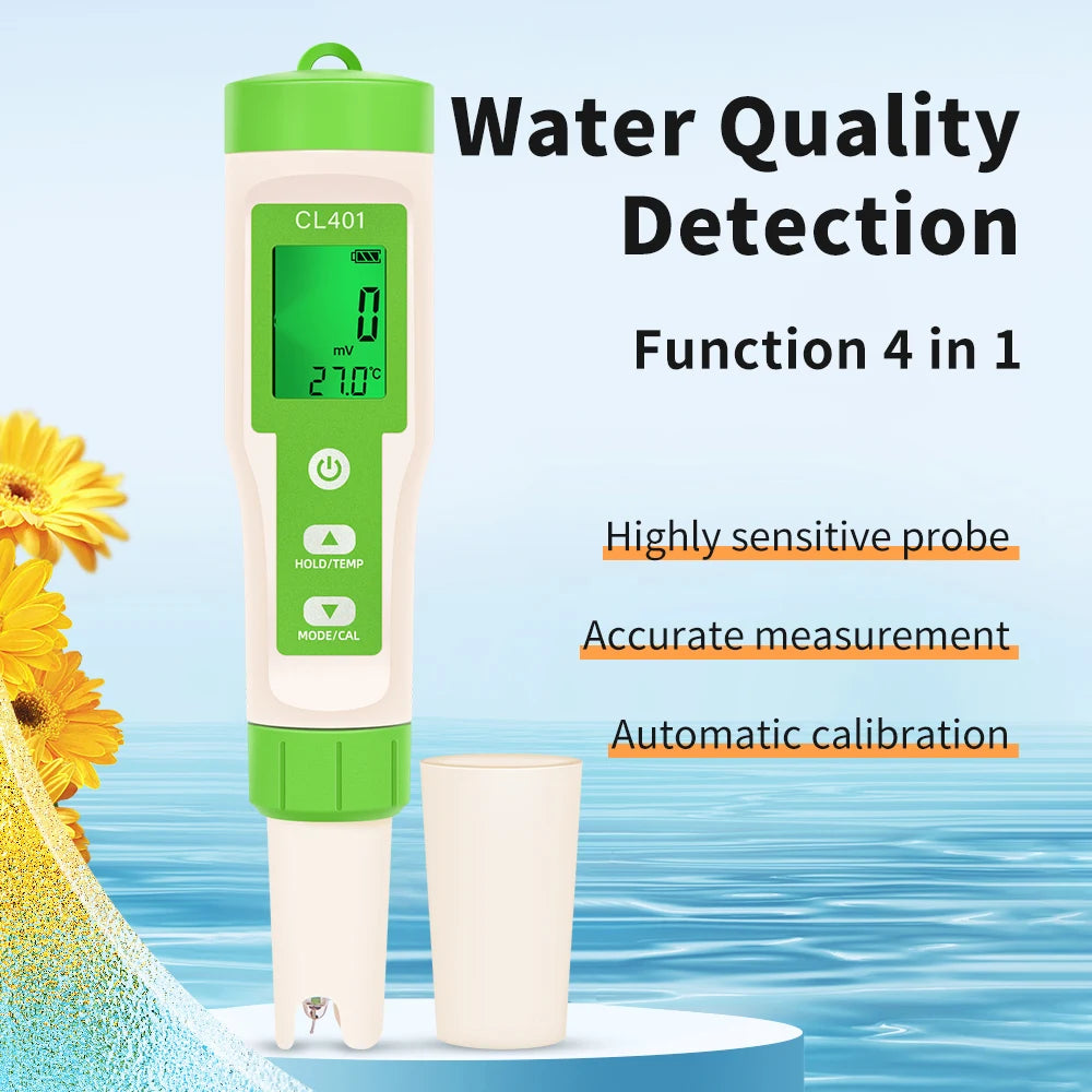 Beach Camp 5 in 1 Chlorine Meter PH/CL2/H2/ORP/Temperature Meter Water Quality Tester for Pools Drinking Water Aquarium Aquaculture